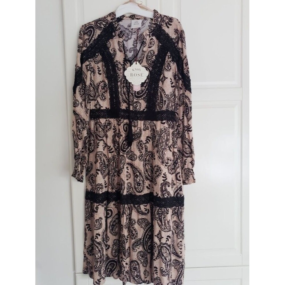 Knox Rose Long Sleeve Boho Black Paisley Crochet Trim Dress - Size XS - NEW - Picture 2 of 6